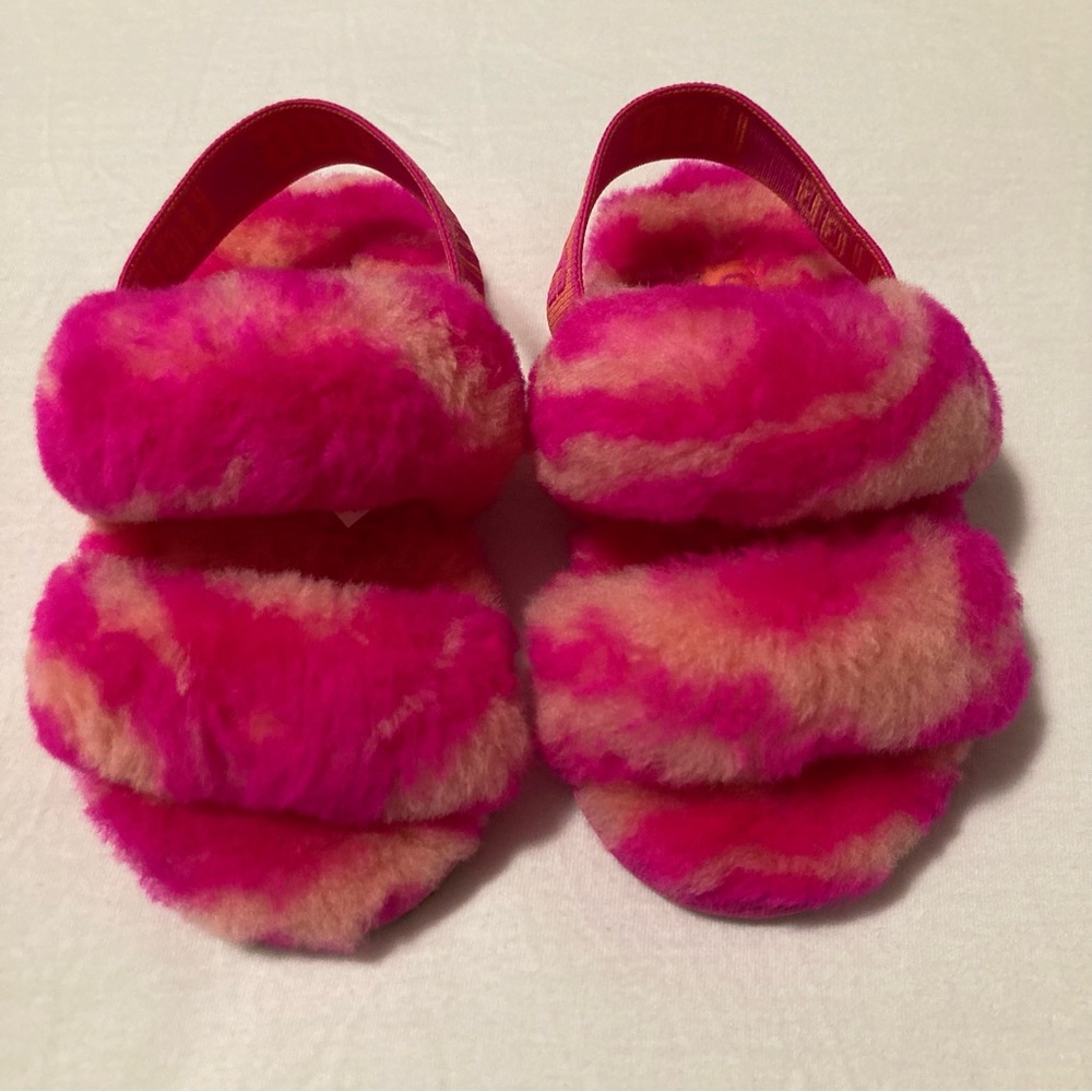 UGG Kids Pink and Cream Fuzzy Slippers